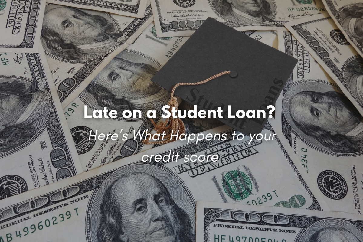 a blog banner with money and a graduation cap that is connected to a blog that talks about how missed student loan payments affect credit score